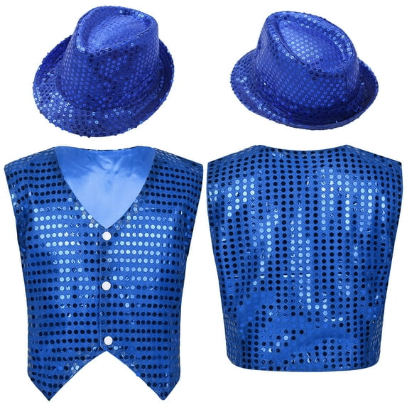 inhzoy Kids Boys Sequin Dance Vest Button Down Waistcoat and Hat Outfits Blue 11-12