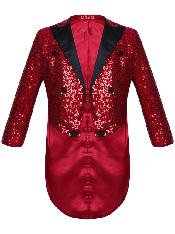 Kids Boys Sequins Tuxedo Suit Jacket Swallowtail Tailcoat Blazer Burgundy 12