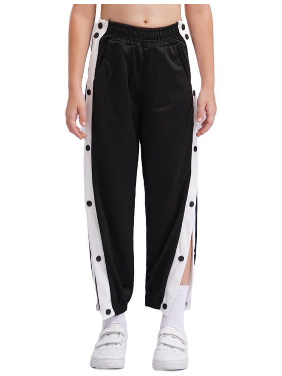Kids Boys Tear Away Basketball Pants Side Split Press Button Sweatpants Post Surgery Trousers Black 170/L