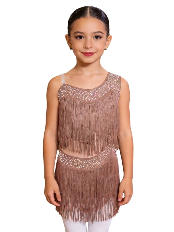 Kids Cha Cha Dance Dress Cha-cha Samba Shiny Wear Ballroom Apparel Competition Clothing Party Brown 6