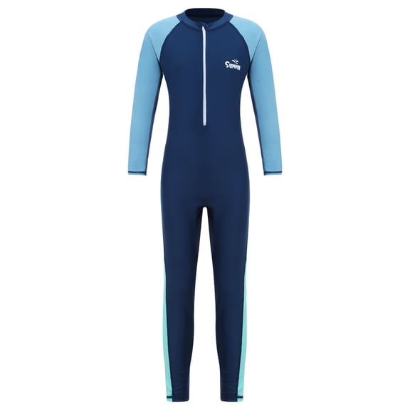 inhzoy Kids Full Body Wetsuit Boys Girls One Piece Zip Up Swimsuit UPF 50+ Rash Guard Swimwear Navy Blue 11-12