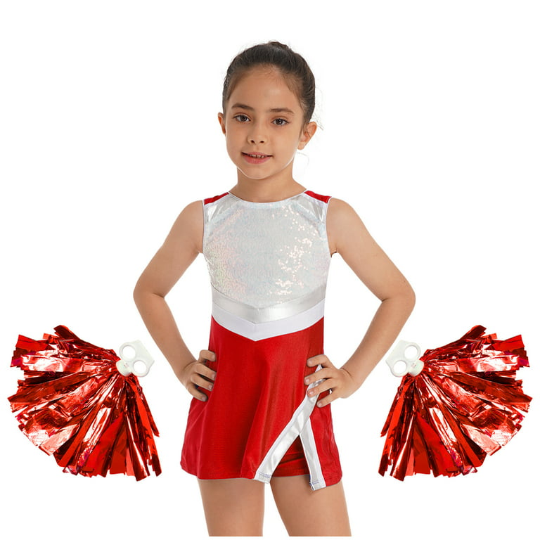 inhzoy Kids Girl's Cheerleading Costume Shiny Dance Dress Cheer  Uniform,Sizes 4-14 Red 12