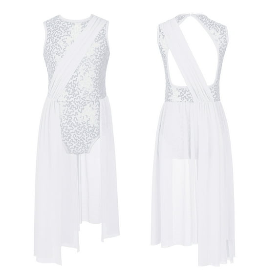 inhzoy Kids Girl's Hollow Back Lyrical Dance Dress Shiny Sequins High-Low Skirt