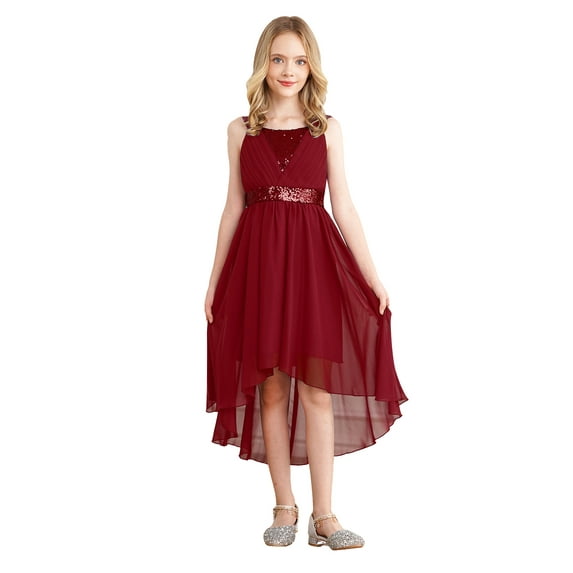 inhzoy Kids Girl's Sequins Junior Bridesmaid Dress Bowknot Back High Low Hem Flower Girl Dress Birthday Pageant Party Princess Dress Burgundy 4