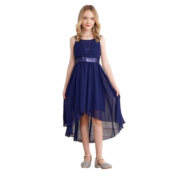 inhzoy Kids Girl's Sequins Junior Bridesmaid Dress Bowknot Back High Low Hem Flower Girl Dress Birthday Pageant Party Princess Dress Navy Blue 8