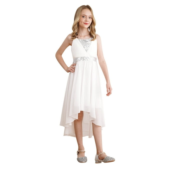 inhzoy Kids Girl's Sequins Junior Bridesmaid Dress Bowknot Back High Low Hem Flower Girl Dress Birthday Pageant Party Princess Dress Silver 16