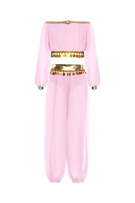 Kids Girls 2-Piece Belly Dance Sequin Tassels Top & Pants Carnival Performance Outfit Pink 8