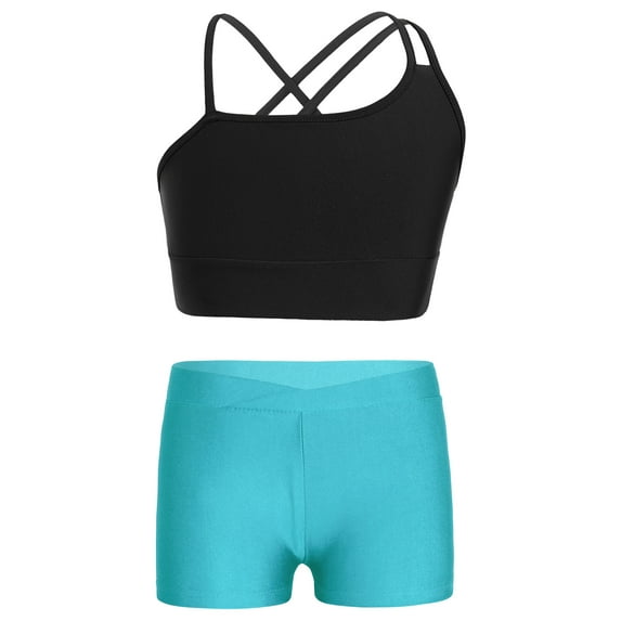 inhzoy Kids Girls 2 Piece Crop Tops and Booty Shorts Tracksuit Set Black&Lake Green 14