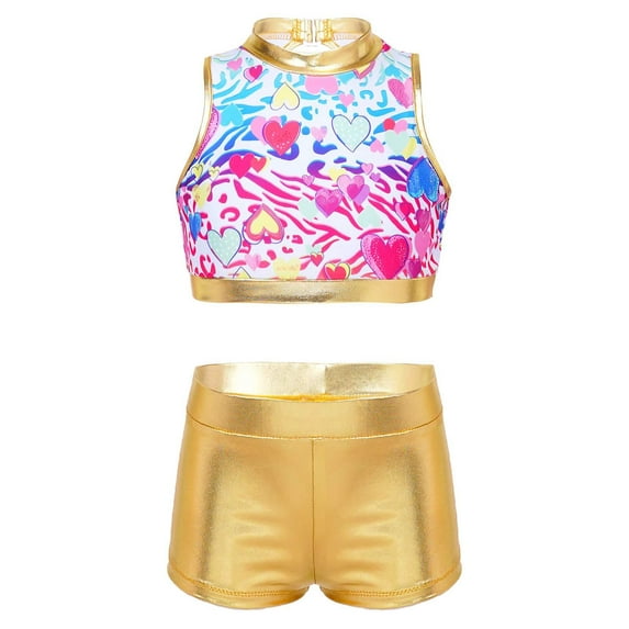 inhzoy Kids Girls 2 Piece Shiny Dance Outfits Crop Top Metallic Shorts Set Colorful Hearts 10