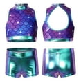 thumbnail image 1 of inhzoy Kids Girls 2 Piece Shiny Dance Outfits Crop Top Metallic Shorts Set Purple Fish Scales 10, 1 of 7