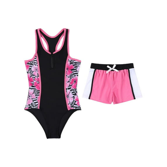 inhzoy Kids Girls 2 Piece Tankini Set Rash Guard One-piece Swimsuit