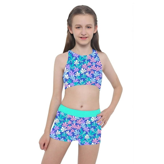 inhzoy Kids Girls 2 Pieces Swimsuit Crisscross Back Bra Top with Boyshorts Tankini Bathing Suits Colorful Floral 6