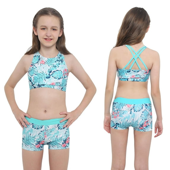 inhzoy Kids Girls 2 Pieces Swimsuit Crisscross Back Bra Top with Boyshorts Tankini Bathing Suits Turquoise 12
