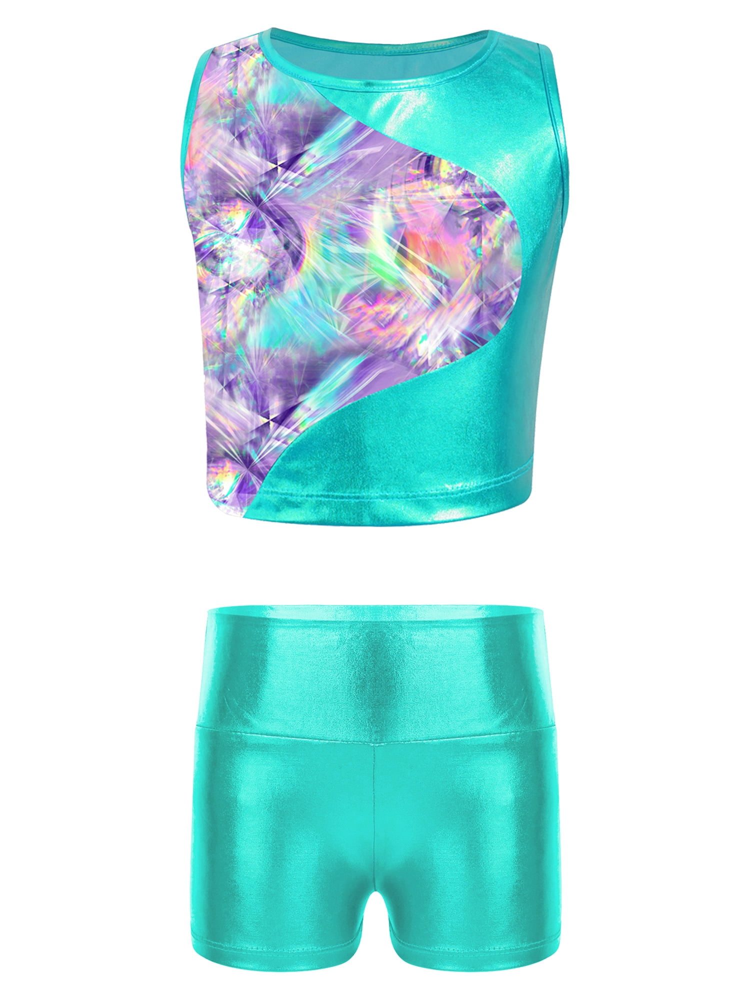 Aislor Kids Girls Swimsuit Racer Back Crop Top With Booty Shorts Bottoms 2 Piece Dance Gym Sport Outfits