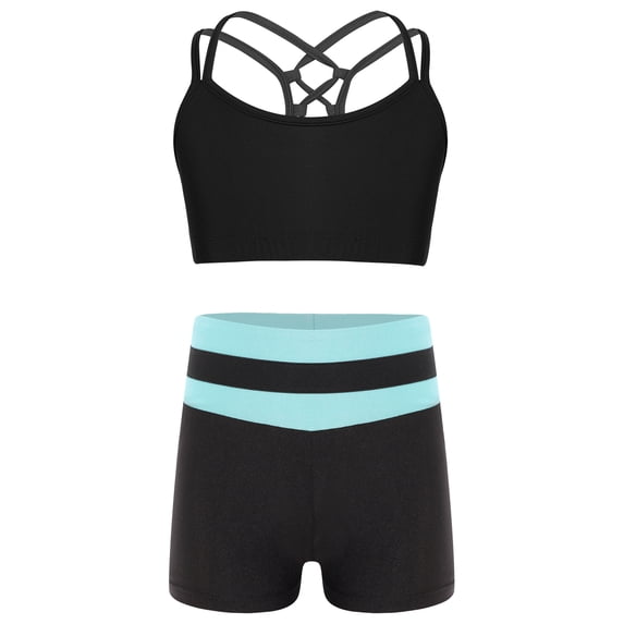 inhzoy Kids Girls 2PCs Athletic Tracksuits Raceback Crop Top with Shorts Gymnastic Workout Dancewear Activewear A Light Blue 8