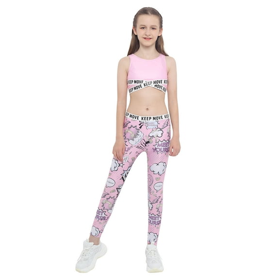 inhzoy Kids Girls 2PCs Gymnastic Outfit Set Sleeveless Crop Top with Leggings Pants, Sizes 4-16 Pink 6