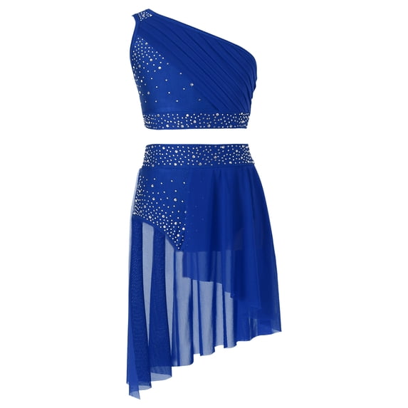 inhzoy Kids Girls 2PCs Lyrical Dance Outfits Sparkly Rhinestones Crop Top with Skirted Leotard Blue 8