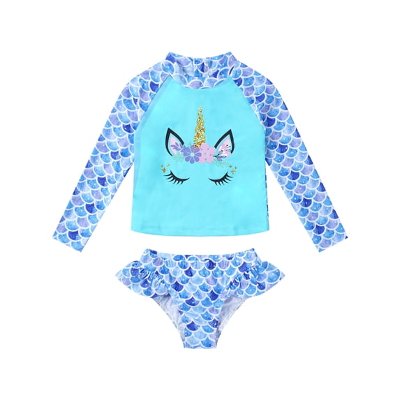 inhzoy Kids Girls 2PCs Swimsuit Rashguard Swim Shirt and Bottom Sets Swimwear Beachwear with UPF 50+ Blue Fish Scales 4