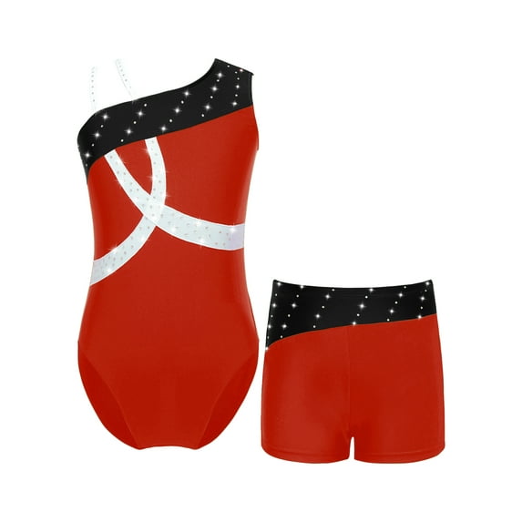 inhzoy Kids Girls 2Pcs Dance Leotard Outfits Ballet Gymnastic Leotard and Shorts Set Red&Black 6