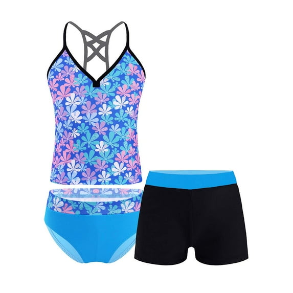 inhzoy Kids Girls 3-Piece Swimsuit Bathing Suit Floral Print Bikini Set V Neck Tops Panties with shorts,Sizes 4-16 Colorful Floral 16