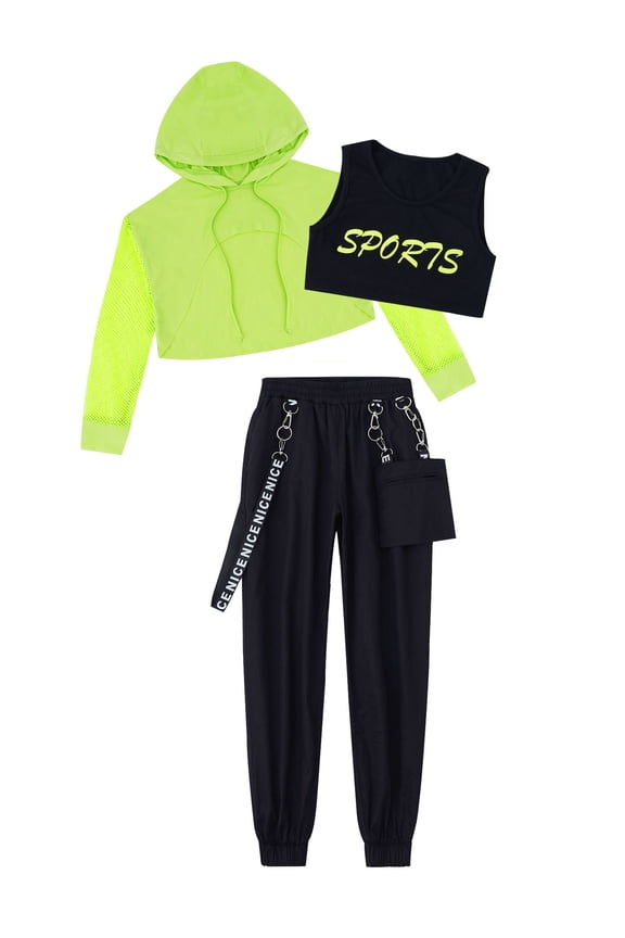 Kids Girls 3PCs Atheletic Hip Hop Jazz Street Dance Suit Sets,Sizes 4-16 Mint Green 6