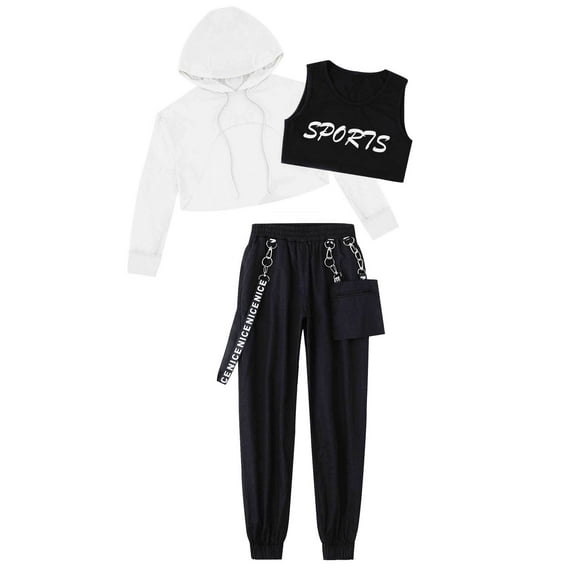 inhzoy Kids Girls 3PCs Atheletic Hip Hop Jazz Street Dance Suit Sets,Sizes 4-16 White 12