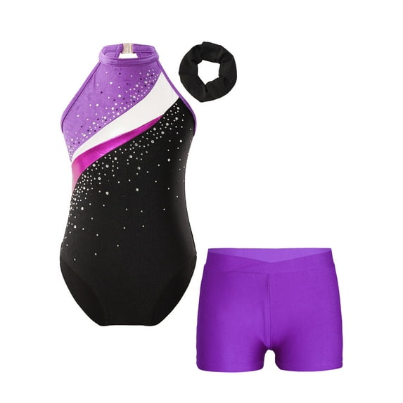 inhzoy Kids Girls 3PCs Gymnastic Leotards Sequins Unitard Biketard Activewear Dancewear Purple 14