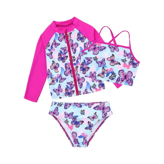 inhzoy Kids Girls 3pcs Tankini Set Swimwear Sun Protection Rash Guard Swimsuit Bathing Suit Butterfly 8