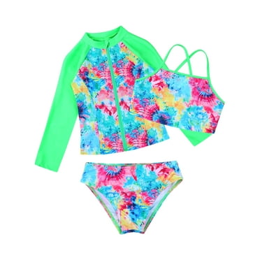Freebily Kids Girls 3-Piece Tankini Set - Long Sleeve Rash Guard, Bikini Top & Briefs, UPF 50+ Sun Protection