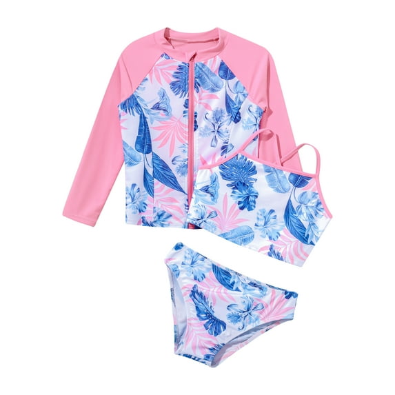 inhzoy Kids Girls 3pcs Tankini Set Swimwear Sun Protection Rash Guard Swimsuit Bathing Suit Pink Blue 14