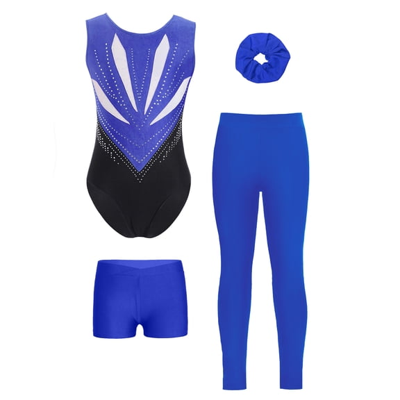 inhzoy Kids Girls 4Pcs Gymnastics Leotard Set Sparkle Ballet Dancing Unitards with Shorts Leggings and Hairband Blue 6