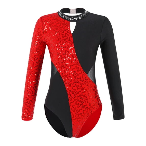 inhzoy Kids Girls Ballet Dance Gymnastics Leotard Unitard Shiny Sequins Athletics Bodysuit Red 8