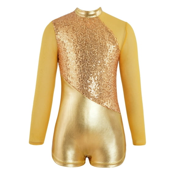 inhzoy Kids Girls Ballet Leotard One-Piece Shiny Metallic Sequined Short Jumpsuit Gold 8