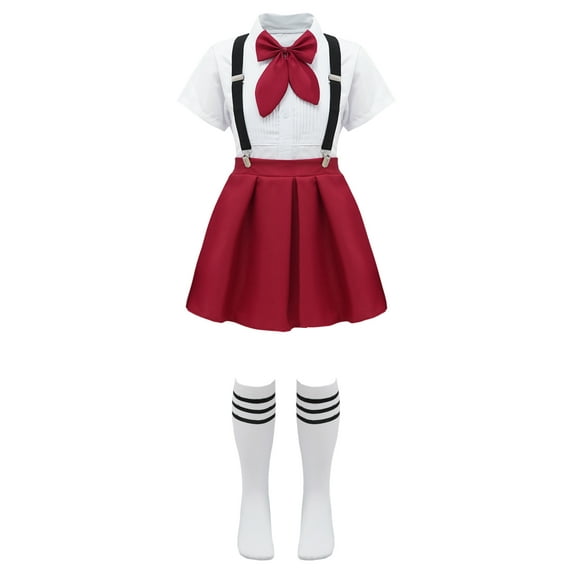 inhzoy Kids Girls Bow Tie Shirt Tops and Suspender Skirt Socks Set Type B Burgundy 7-8