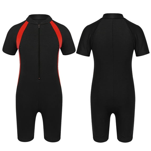 inhzoy Kids Girls Boys One Piece Zip-Up Swimsuit Jumpsuit Short Sleeve Rash Guard Wetsuit,Sizes 8-16 Black 10-12
