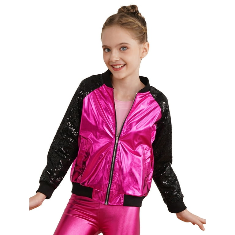 inhzoy Kids Girls Boys Sequin Metallic Bomber Moto Jacket Coat Hot Pink 10
