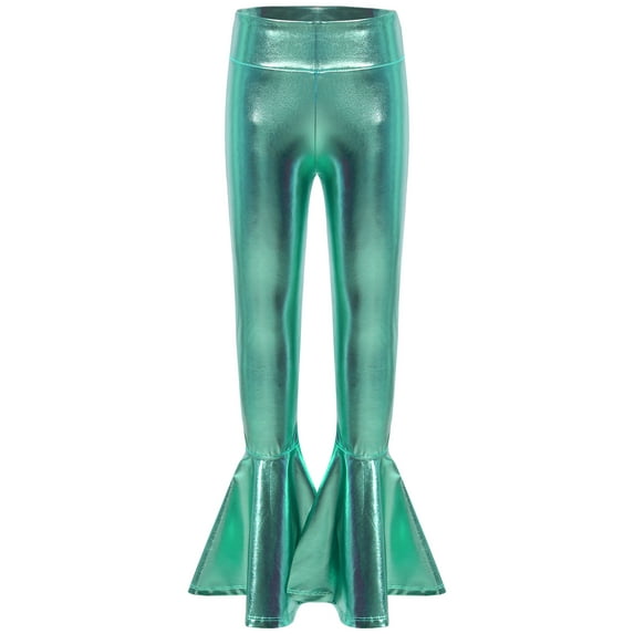 inhzoy Kids Girls Boys Shiny Metallic Flared Pants Bell Bottoms Sequins Dance Leggings Trousers Lake Green 14