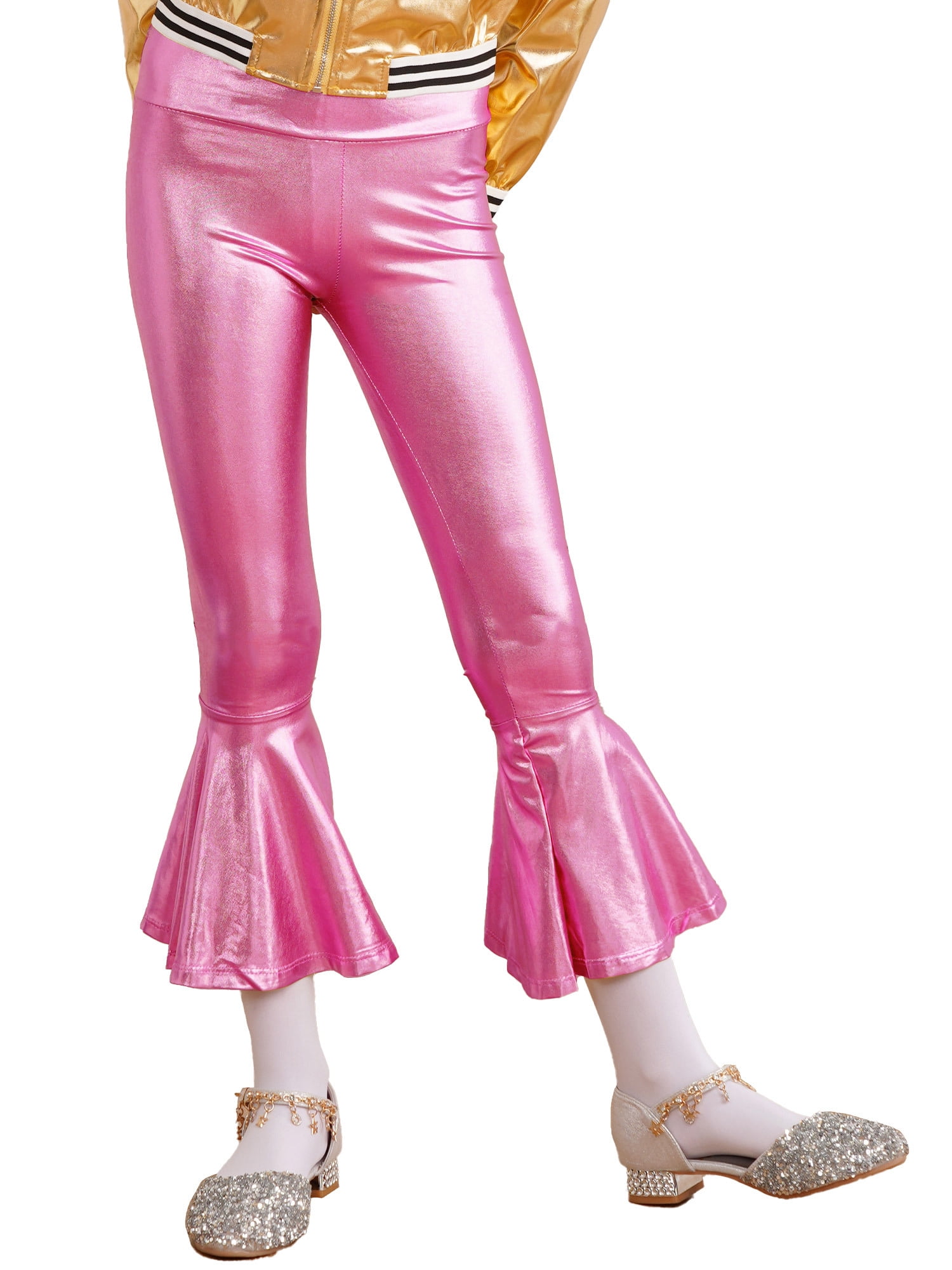 inhzoy Kids Girls Boys Shiny Metallic Flared Pants Bell Bottoms Sequins  Dance Leggings Trousers Pink 10 