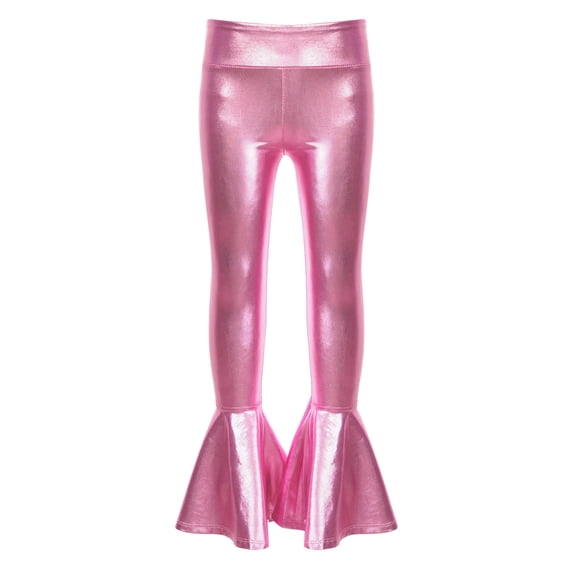 inhzoy Kids Girls Boys Shiny Metallic Flared Pants Bell Bottoms Sequins Dance Leggings Trousers Pink 12