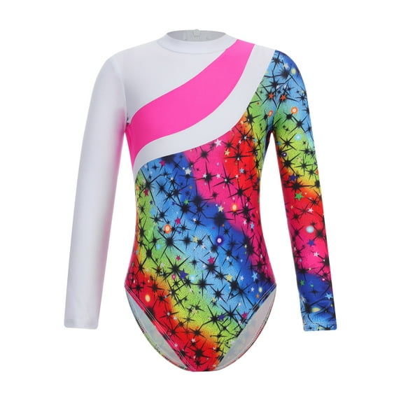 inhzoy Kids Girls Cartoon Print Mock Neck Leotard for Gymnastic Dance Sports Starry Rainbow 12