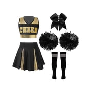 inhzoy Kids Girls Cheer Outfits Crop Top Skirt sets with Hair Tie, Pompoms, and Socks A Black&White 14