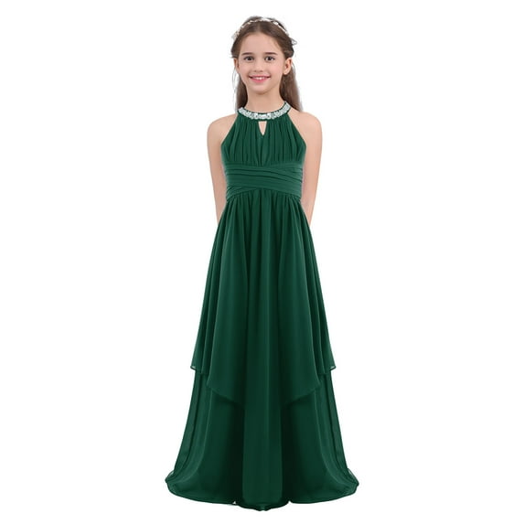 inhzoy Kids Girls Chiffon Flower Girls Dress Sequins Halter Neck Bridesmaid Wedding Evening Party Gowns Maxi Formal Dress Army Green 16