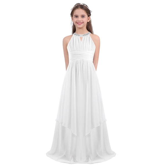 inhzoy Kids Girls Chiffon Flower Girls Dress Sequins Halter Neck Bridesmaid Wedding Evening Party Gowns Maxi Formal Dress Ivory 6
