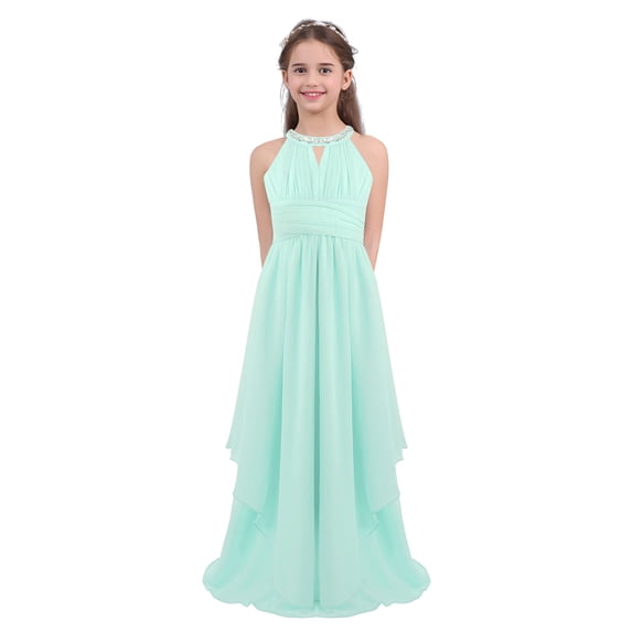 inhzoy Kids Girls Chiffon Flower Girls Dress Sequins Halter Neck Bridesmaid Wedding Evening Party Gowns Maxi Formal Dress Mint Green 8