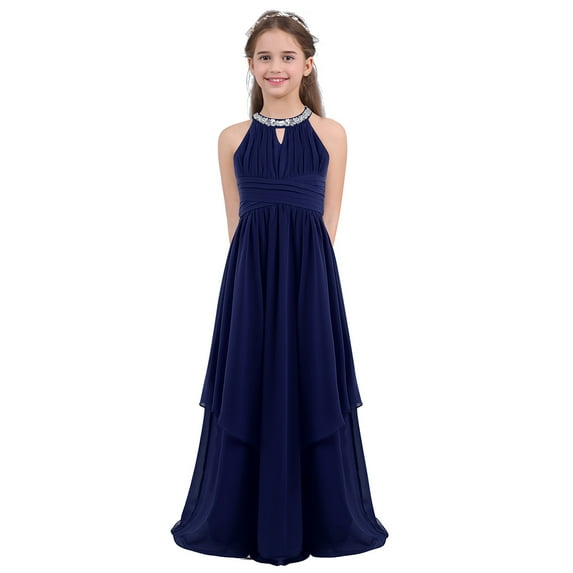 inhzoy Kids Girls Chiffon Flower Girls Dress Sequins Halter Neck Bridesmaid Wedding Evening Party Gowns Maxi Formal Dress Navy lue 14