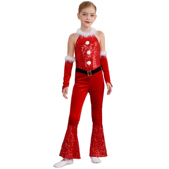 inhzoy Kids Girls Christmas Dance Outfit One Piece Sleeveless Velvet Bodysuit with Arm Sleeve Set Red 6
