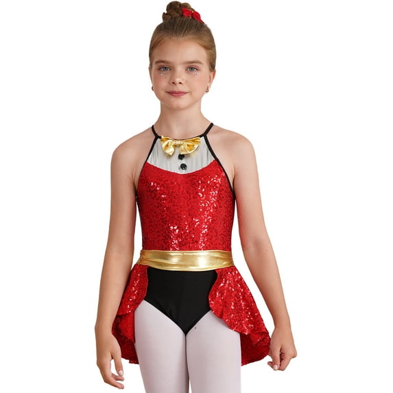 inhzoy Kids Girls Christmas Dance Performance Costume Sequins Ballet Dance Leotard Red 8