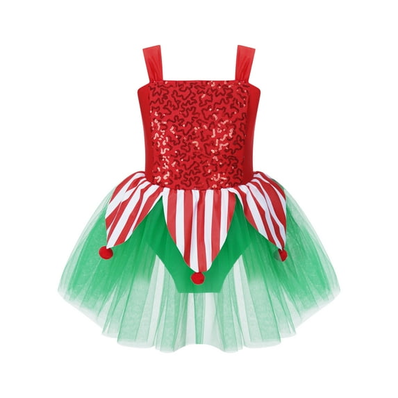 inhzoy Kids Girls Christmas Elf Candy Cane Dress-Up Ballet Figure Skating Tutu Dress,Sizes 6-16 Red 8