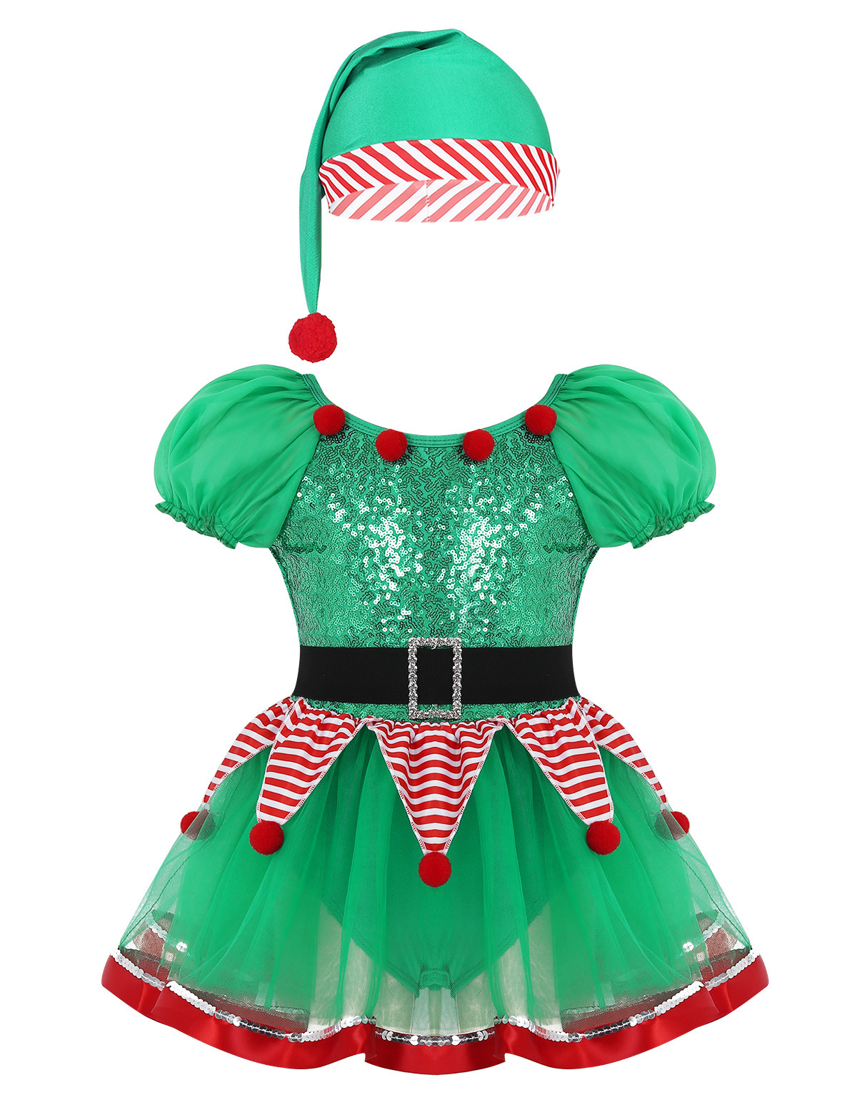inhzoy Kids Girls Christmas Elf Cosplay Costume Xmas Outfits Sequin Tutu Dress Green 7 - image 1 of 7