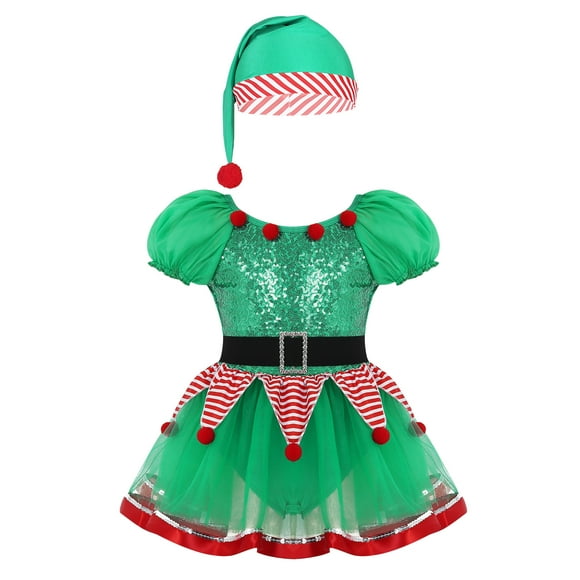 inhzoy Kids Girls Christmas Elf Cosplay Costume Xmas Outfits Sequin Tutu Dress Green 7